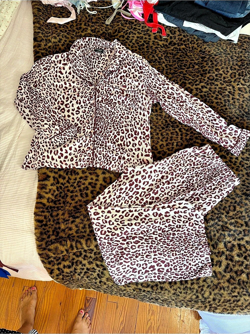 kate spade new york Leopard Print Two-Piece Set Cream & Burgundy Pajama Set